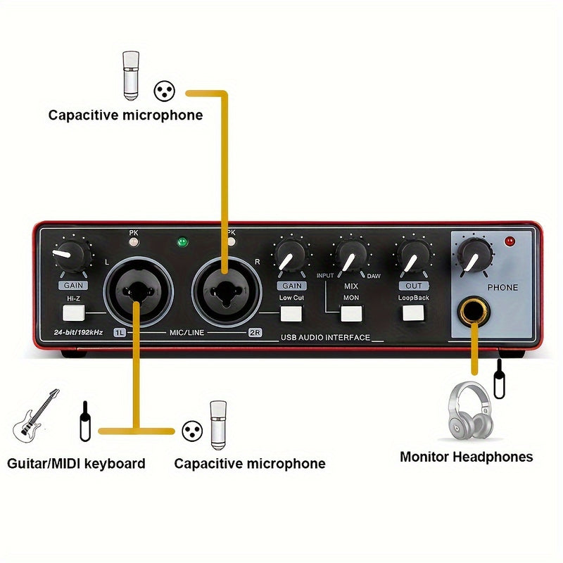 Interfaz de Audio Depusheng con Phantom Power, Grabación Hi-Res 24Bit/192kHz, Plug & Play Sin Ruido, Equipo de Estudio USB para Podcasting, Streaming y Producción Musical - Compatible con PC/Mac (Rojo), Preamps de Alta Calidad, Diseño Profesional