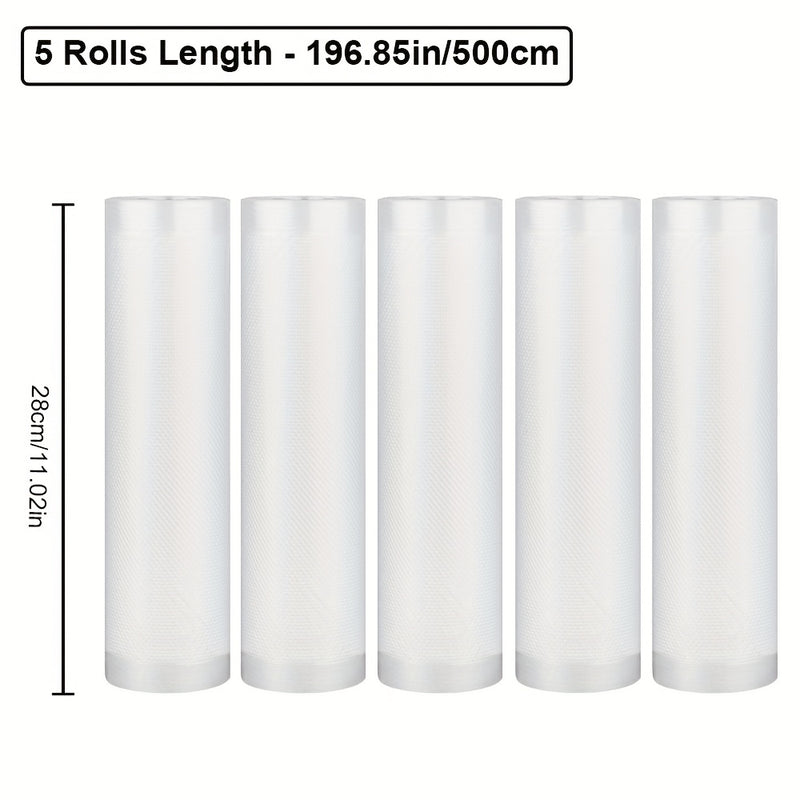 5-Pack 5.0 metros Bolsas de sellado al vacío sin BPA, Material PE+PA, Uso único, Compatible con la mayoría de los selladores para almacenamiento de alimentos, conservación de frescura, cocción a baja temperatura, preparación de comidas, compra en mayor -