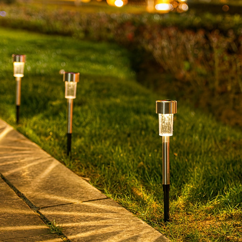 Luces solares LED para jardín, luces de acero inoxidable para caminos, luces decorativas exteriores de 4.6 pulgadas para césped, sin función de arcoíris, batería solar, voltaje máximo 36V, 6/7/10/12 piezas