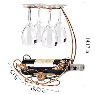 Soporte de botella de vino vintage y vaso con diseño metálico ornamentado - Alberga 1 botella y 4 vasos con tallo, ideal para decoración del hogar, fiestas y regalos de vacaciones, decoración de botella de vino.