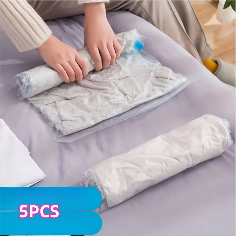 5pcs Bolsas de Almacenamiento al Vacío Enrolladas a Mano - Ahorra Espacio, No Necesita Bomba - Ideales para Viajes y Organización del Hogar, con Cremallera, Multiusos, Bolsas de Plástico Rectangulares para Ropa, Libros y Más