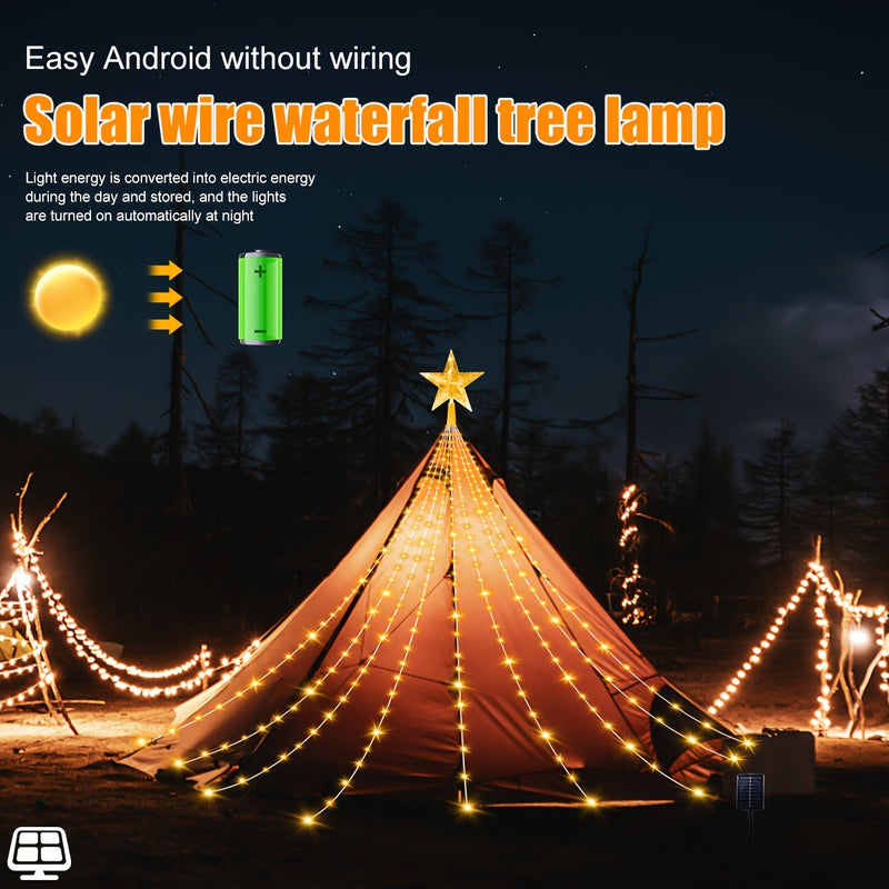 1pc 298.7cm 280 LED Luz de cascada de estrella de cinco puntas, luz solar para acampar al aire libre, 8 modos de luz de cuerda para exteriores, utilizada para decorar la ventana del jardín, cortina de decoración del patio, árbol de Navidad, fiesta en cas
