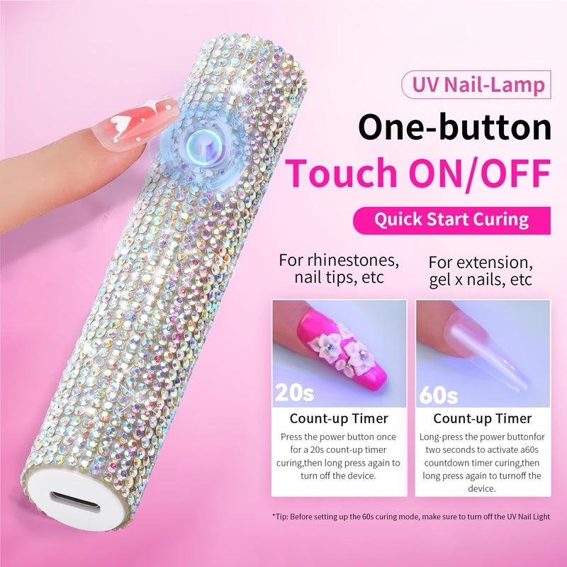 Mini Lámpara Portátil de Secado de Uñas con LED UV - Recargable por USB, Luz para Curar Esmalte en Gel y Pegamento Adhesivo de Secado Rápido con Diseño de Estrás Brillante para Manicura y Pedicura