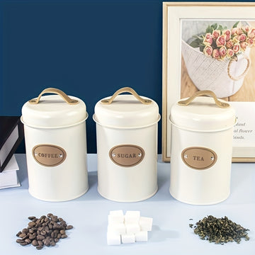 Conjunto de 3 piezas: lata de café blanca, lata de aperitivos para cocina, caja de dulces, tetera, arte de hierro galvanizado para recibir caja de hierro