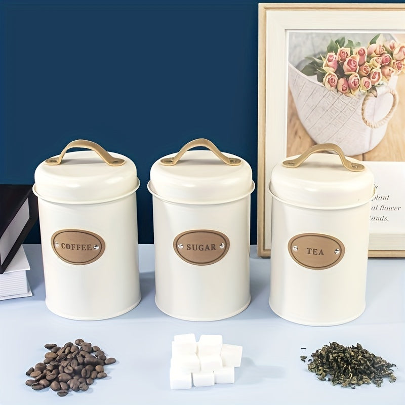 Conjunto de 3 piezas: lata de café blanca, lata de aperitivos para cocina, caja de dulces, tetera, arte de hierro galvanizado para recibir caja de hierro