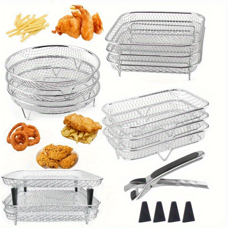 Juego de 8 piezas de accesorios para freidor de aire de acero inoxidable: soporte pila, pinzas y almohadillas de altura - Adecuado para cocinar saludable y deshidratar en freidor de aire de dos cestas, soporte de tres capas para freidor de aire, lavavaji