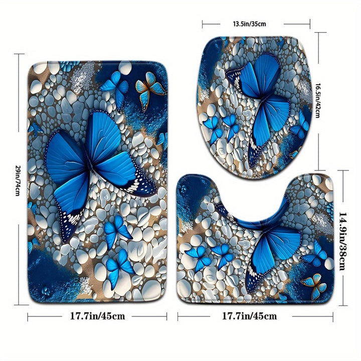 3 piezas, alfombrilla de baño con diseño de mariposa azul y piedra blanca, funda de asiento de inodoro y alfombrilla de pies en forma de U