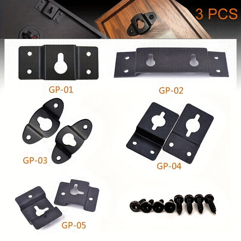 3 piezas de ganchos de pared de hierro negro de alta resistencia - Diseño de llave de tamaño múltiple para altavoces, guitarras, relojes y más - Montaje seguro con tornillos, instalación fácil, ganchos de pared para altavoces, montaje de pared resistente