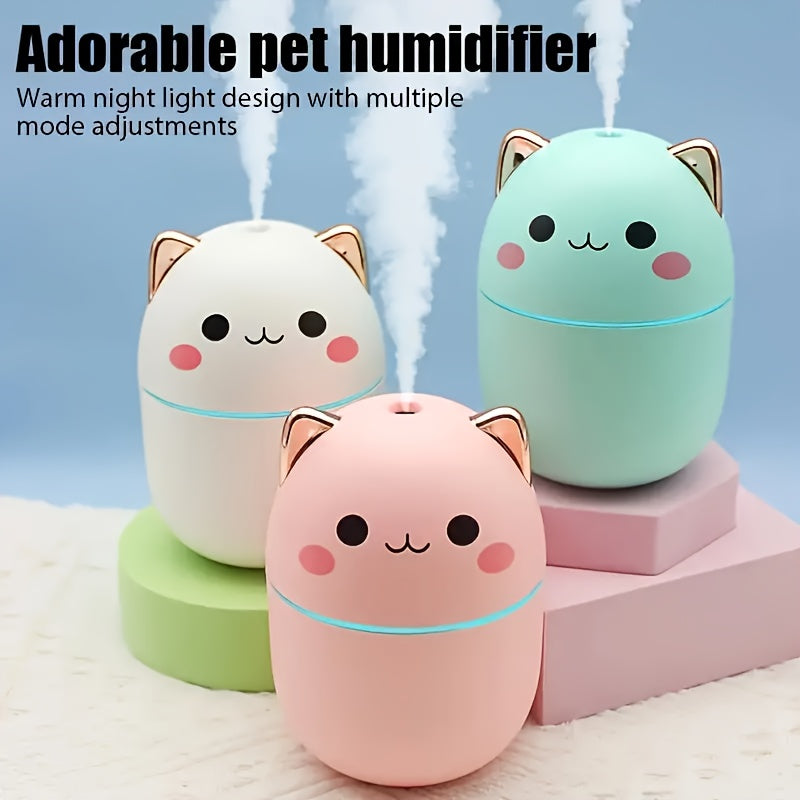 Humidificador Portátil USB de 8.45oz con Diseño de Gato Lindo & Difusor de Aceites Esenciales - Doble Niebla, Aroma y Control de Humedad para Coche, Oficina o Hogar, Rosa con Detalles Blancos, Facciónación de Alta Potencia, Material ABS, Humidificador de