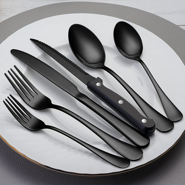 Juego de 24 piezas de cubertería negra, juego de cuchillo y tenedor de acero inoxidable, cuchillo y tenedor de bistec creativo plateado, cuchara y tenedor, cuchara de postre, adecuado para restaurantes en casa, apto para lavavajillas.