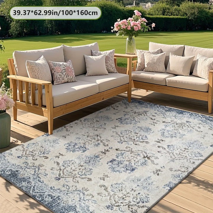 Alfombrilla de exteriores con diseño floral azul ZULIDA - Lavar en máquina, alfombrilla rectangular de poliéster para patio, sala de estar, dormitorio - Diseño duradero y elegante, alfombras para sala de estar