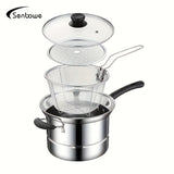 Juego de cocina de acero inoxidable SENBOWE 3-en-1 - Olla multiusos duradera con cesta de freír profunda, inserto de vapor y tapa de vidrio ventilada - Cocina versátil para freír, cocinar al vapor y cocinar