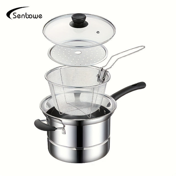 Juego de cocina de acero inoxidable SENBOWE 3-en-1 - Olla multiusos duradera con cesta de freír profunda, inserto de vapor y tapa de vidrio ventilada - Cocina versátil para freír, cocinar al vapor y cocinar