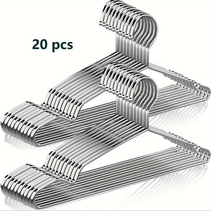 Conjunto de 20 Perchas Metálicas Premium - Antideslizantes, Resistentes y Antióxido, Acero Inoxidable con Acabado Pulido, Ranuras Mejoradas para el Hombro para Organización del Armario, Estantería Ahorradora de Espacio para Abrigos, Vestidos y Más, Ideal