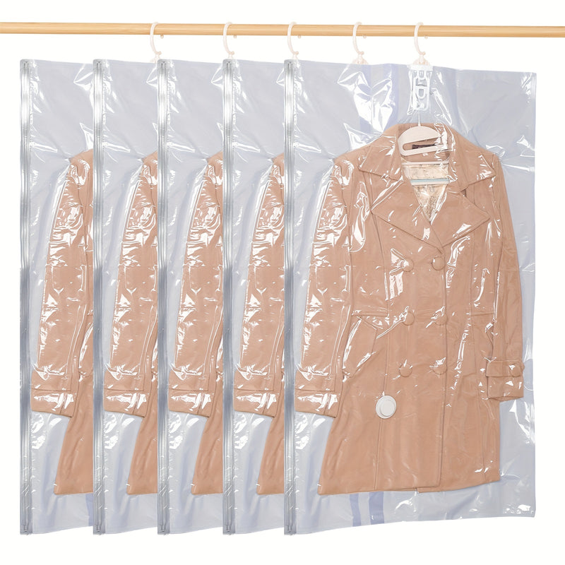 Bolsas de almacenamiento de vacío colgantes de 5 piezas, bolsas de ropa de plástico rectangular multipropósito con cierre de cremallera para abrigos de invierno, trajes, chaquetas y chaquetas de plumón - Organizador de armario ahorrador de espacio, no ne