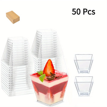 50/75/100 vasos cuadrados mini de plástico transparente, 60ml/2oz, reutilizables para postres, gelatina, helado y fiestas, material PS resistente, diseño apilable para fácil almacenamiento, suministros para servicio de alimentos | Vasos apilables | Vasos