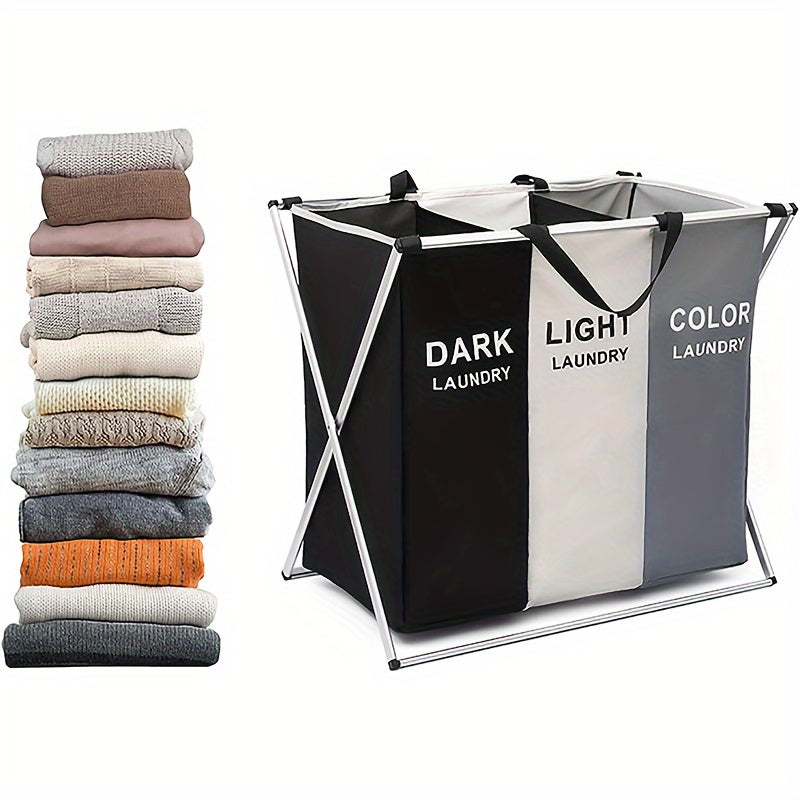 Cesto para ropa sucia de 3 compartimentos, gran capacidad de 9.07 kg por sección, tela Oxford 600D resistente y marco de aluminio, diseño moderno plegable para dormitorio, hogar, cocina, almacenamiento de juguetes y toallas, construcción robusta, cestos