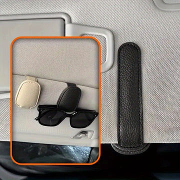 Soporte para gafas de visera de coche, gancho para gafas de cuero sintético, clip para tarjeta de boleto, ajuste firme automático, instalación fácil, accesorio de interior de coche elegante, regalo ideal para vacaciones.