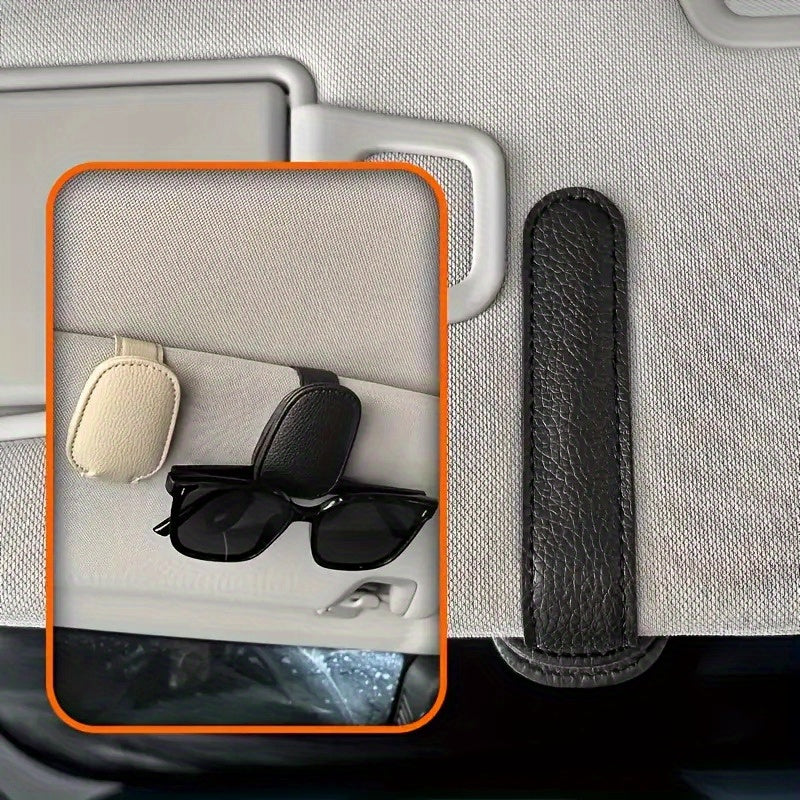 Soporte para gafas de visera de coche, gancho para gafas de cuero sintético, clip para tarjeta de boleto, ajuste firme automático, instalación fácil, accesorio de interior de coche elegante, regalo ideal para vacaciones.