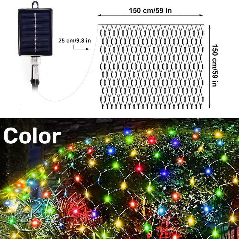 1 unidad de luces de red solares - 192 LED, 298.7 cm x 201.17 cm, 8 modos de luces LED intermitentes para uso en interiores/exteriores - Perfectas para árboles, paisajismo, jardín, techo, balcón, decoración de pared - Ideales para bodas, cumpleaños, Navi