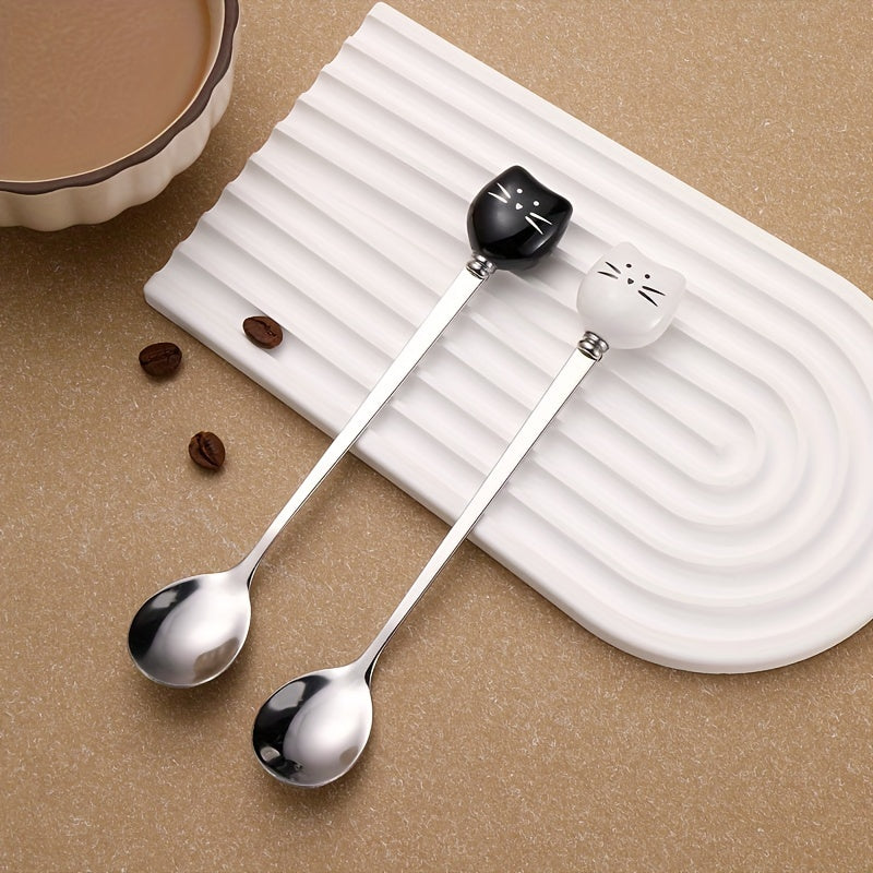 Cuchara de café de acero inoxidable con diseño de gato y panal de cerámica elegante - Utensilio de cocina duradero y decorativo con mango, ideal para preparar y servir café, accesorios para bares de café