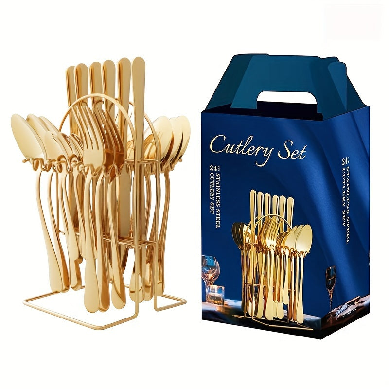 Juego de Cubiertos de Acero Inoxidable Dorado de 24 Piezas con Elegante Soporte Metálico - Incluye Cuchillos para Bistec, Tenedores y Tenedores para Postres, Cucharas - Perfecto para el Hogar, Restaurante, Fiesta, Boda