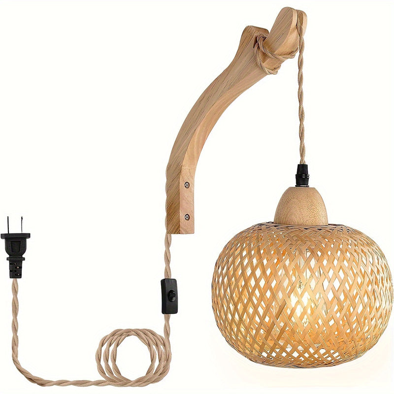 Lámpara de pared de bambú ligero, lámpara de pared rústica de granja, lámpara de pared de mimbre con cordón de enchufe americano, lámpara de rattán tejida a mano, lámpara bohemia para sala de estar dormitorio, base E26 E27 (bombilla no incluida)