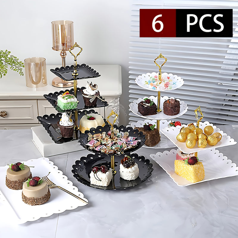 Juego de 6 piezas con 2 bases para cupcakes de 3 niveles, 2 bases para pasteles de 2 niveles y 2 bandejas - Set de repisa para postres en blanco/negro, ideal para cumpleaños, regalos para novias, fiestas, bodas, reuniones de té y buffets