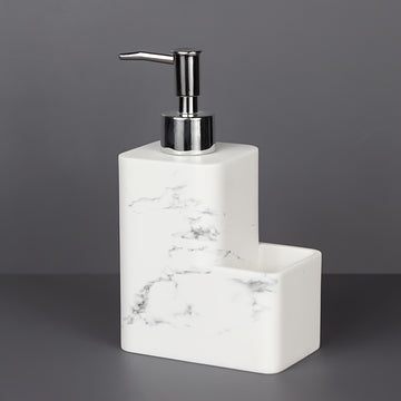 Dispensador de jabón de mármol blanco elegante con soporte de cepillo - Autónomo, no necesita electricidad, material de resina, ideal para encimeras de cocina y baño, incluye almacenamiento de almohadilla de limpieza, dispensador de jabón para baño