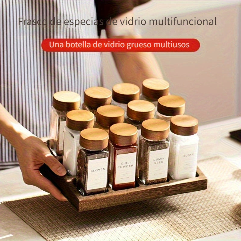 Un juego de 12 piezas / 6 piezas de tarros cuadrados para especias de vidrio con tapa de bambú, botellas pequeñas para condimentos de cocina doméstica