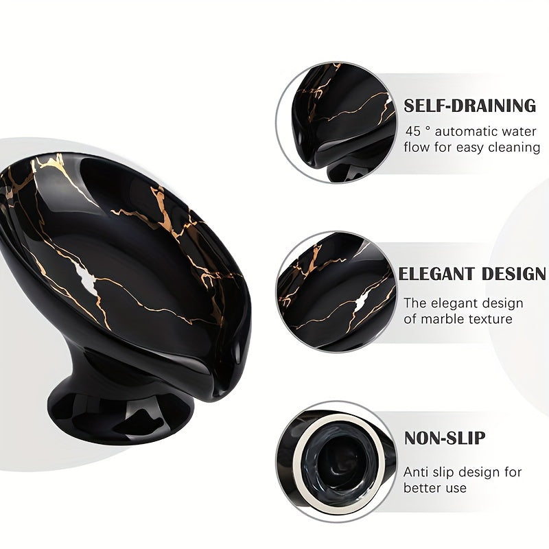 1pc Elegante Jabonera de Cerámica con Patrón de Mármol y Función de Auto-Drenaje - Forma de Hoja, Fácil de Limpiar, Mantiene el Jabón Seco y Elegante para la Decoración del Baño