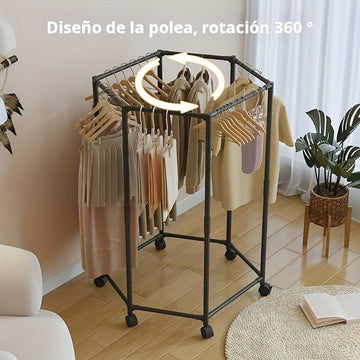 Perchero hexagonal giratorio con ruedas – Tubo de metal resistente de 16 mm, colgador de ropa vertical independiente, diseño portátil para almacenamiento y exhibición eficiente de ropa, negro/blanco, organizador para lavandería | Diseño hexagonal | Const