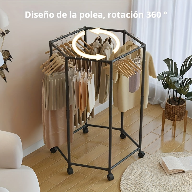 Perchero hexagonal giratorio con ruedas – Tubo de metal resistente de 16 mm, colgador de ropa vertical independiente, diseño portátil para almacenamiento y exhibición eficiente de ropa, negro/blanco, organizador para lavandería | Diseño hexagonal | Const