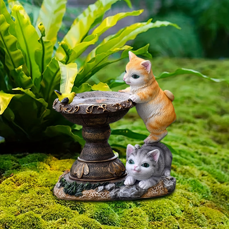 [1pc Estatua de Baño para Pájaros con Doble Gato con Energía Solar] Luces de Estatua de Baño para Pájaros con Doble Gato con Energía Solar, Escultura de Animal de Resina con Acabado Encáustico, Impermeable, Control de Botón, con Batería de Níquel Recarga