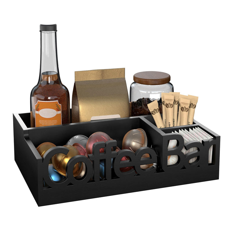 Organizador rústico de madera para barra de café, estación rectangular vintage para mostrador para accesorios, soporte para cápsulas y jarabe con tapa abatible no impermeable, decoración multiusos para barra de café estilo granja.