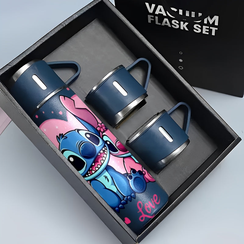Juego de 1 termo de acero inoxidable Disney Stitch de 17 oz, taza térmica a prueba de fugas con 3 tazas para bebidas frías y calientes, ideal para viajes de negocios y útiles escolares, modelo LHB03211