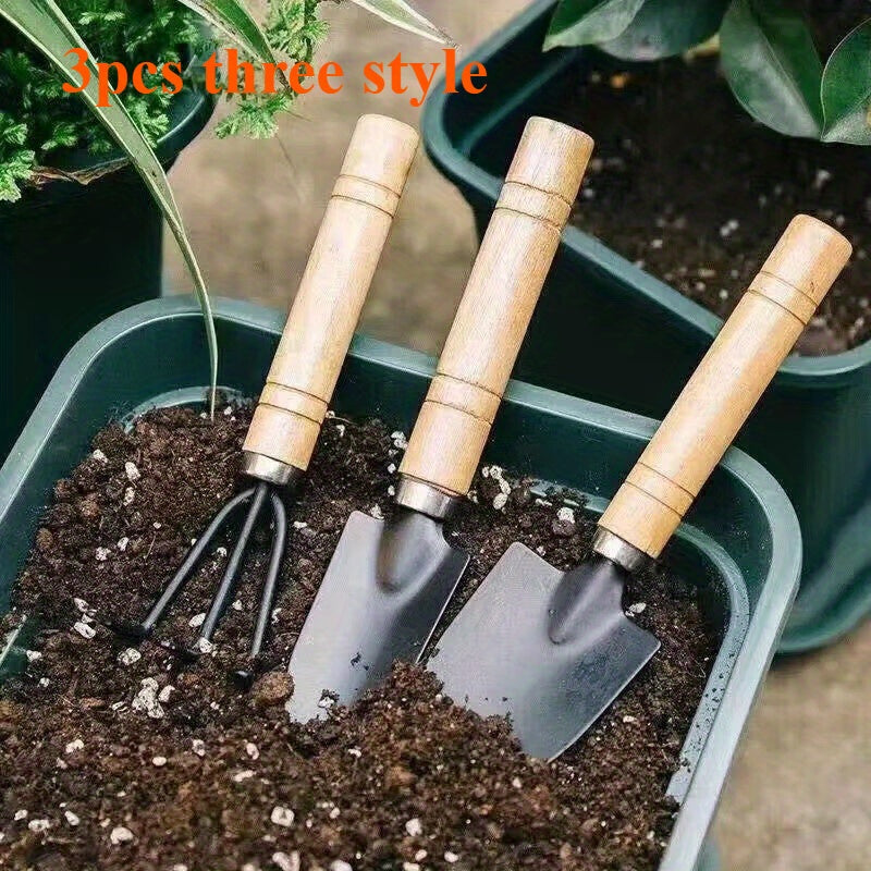 Juego de Herramientas de Jardín de 3 Piezas con Mangos de Madera - Paleta, Pala y Tenedor de Metal Duradero - Ideal para Jardinería y Plantación, Cultivo de Suelo|Herramientas de Jardín Rústicas|Herramientas con Mango de Madera