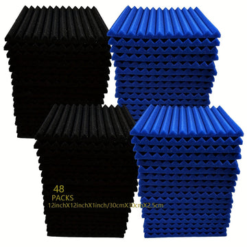 48 paquetes de tableros autoadhesivos absorbentes de sonido (24 negros + 24 azules), adecuados para salas de grabación, habitaciones de instrumentos, KTVs, etc., absorben rápidamente mezclas y ruidos, densidad: 25 kg/m³