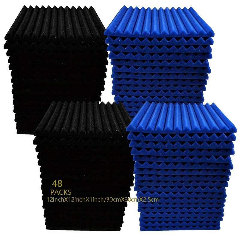 48 paquetes de tableros autoadhesivos absorbentes de sonido (24 negros + 24 azules), adecuados para salas de grabación, habitaciones de instrumentos, KTVs, etc., absorben rápidamente mezclas y ruidos, densidad: 25 kg/m³
