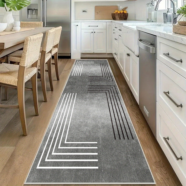 Alfombra geométrica moderna, 1 unidad - Liviana, antideslizante, lavable a máquina, de poliéster, para pasillo, dormitorio, cocina, baño - Diseño rectangular con patrones en zigzag en blanco y gris, tapetes para sala