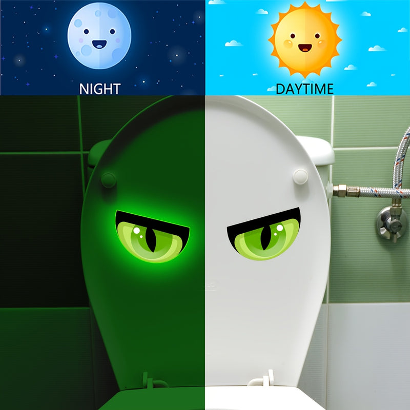 2 Piezas de Pegatinas para Inodoro que Brillan en la Oscuridad - 15*15cm Decoración para Baño y Dormitorio, PVC Autoadhesivo Impermeable, Diseño de Ojos Verdes Luminosos, Calcomanías Divertidas y Originales para Espacios Temáticos Interiores/Exteriores