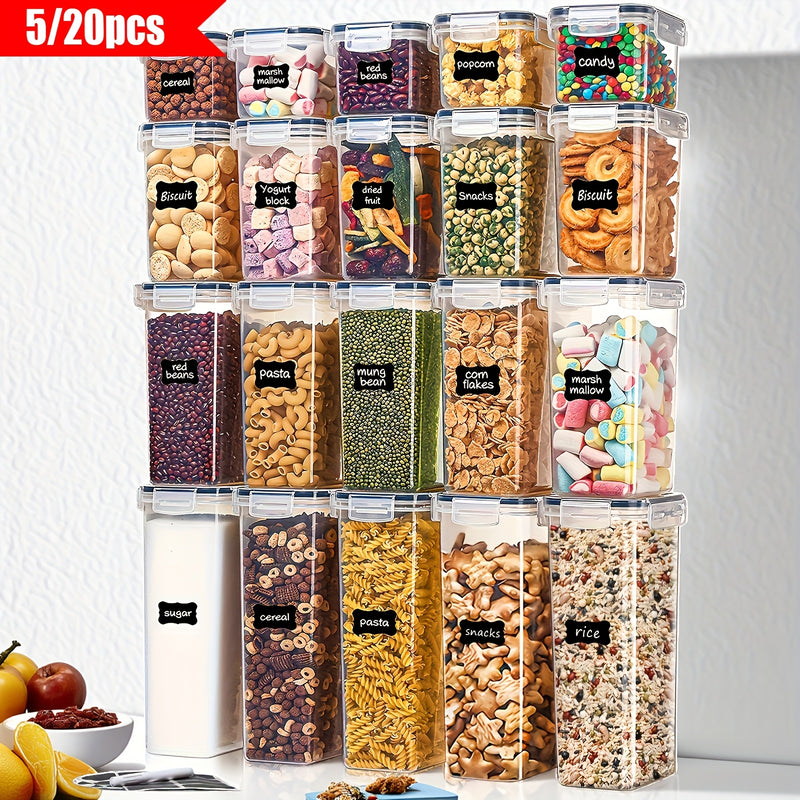 THELiFE 5/20pcs Contenedores Herméticos para Almacenamiento de Alimentos con Tapas, Organización y Almacenamiento en la Despensa de Cocina, Frascos de Plástico Libres de BPA para Cereales, Harina, Azúcar, Alimentos Secos, Incluye Etiquetas & Rotulador