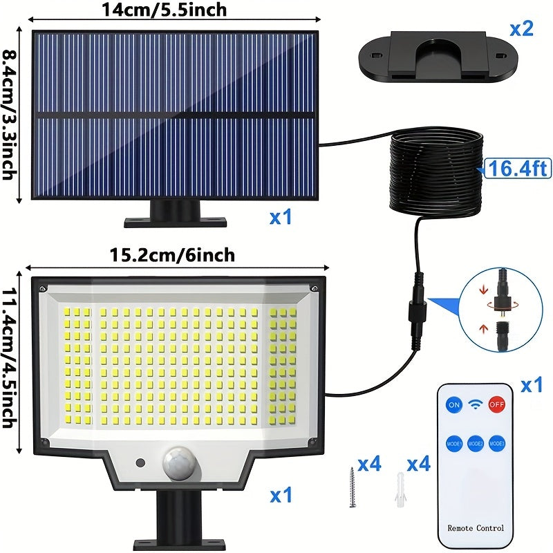 1pc/2pcs Luz de Punto Solar Externa con Panel Separado, 200 LED Super Brillante, Sensor de Movimiento, Luz de Pared de Jardín con Energía Solar, 3 Modos de Funcionamiento, Iluminación de Anochecer a Amanecer para Jardín, Patio, Patio Trasero. Farola, Lám