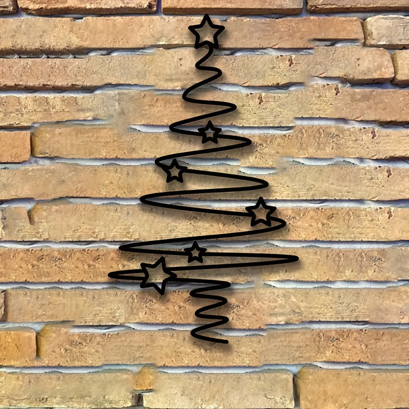 Arte de pared de árbol de Navidad de metal - Decoración navideña no eléctrica para interiores y exteriores, elegante árbol de metal negro con adornos de estrellas, perfecto para sala de estar, patio o jardín, decoración de pared de Navidad.