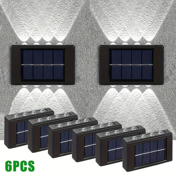 6 piezas de 8 luces solares para paredes exteriores, luces decorativas para patio, villa y jardín, luces de valla y sendero, luces de porche de jardín, luces pequeñas para paredes, luces convexas con luz ascendente y descendente, adecuadas para jardines,