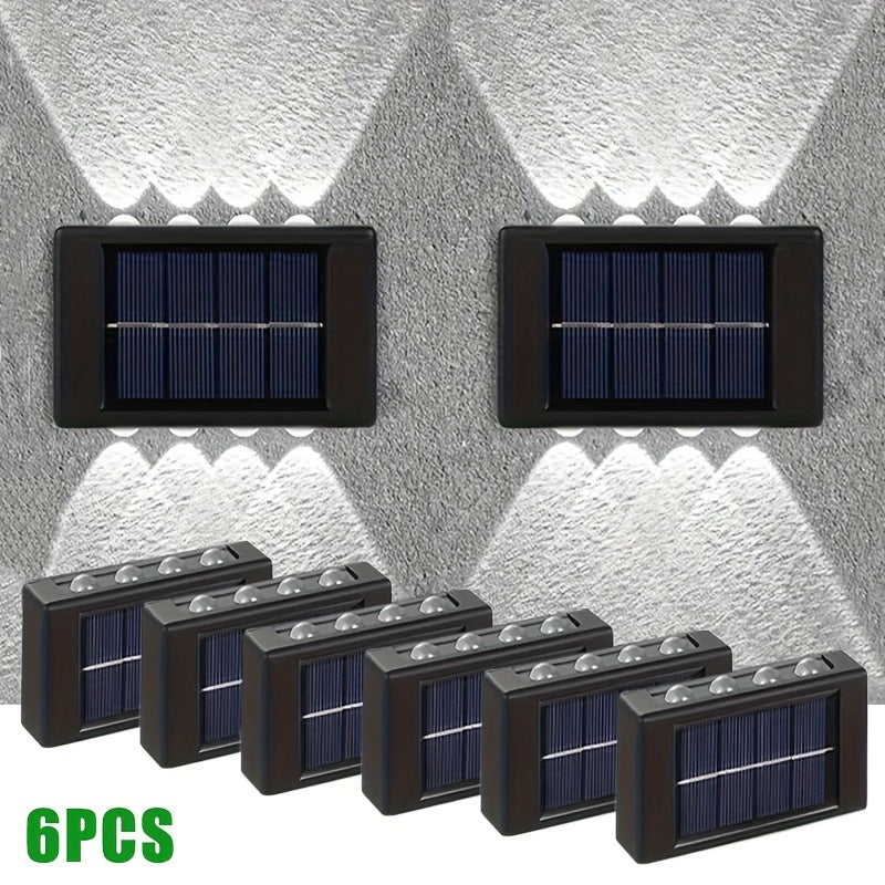 6 piezas de 8 luces solares para paredes exteriores, luces decorativas para patio, villa y jardín, luces de valla y sendero, luces de porche de jardín, luces pequeñas para paredes, luces convexas con luz ascendente y descendente, adecuadas para jardines,