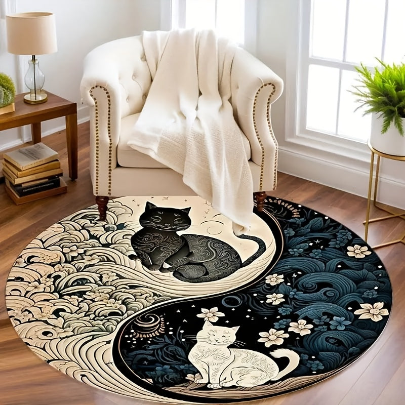 Tapete redondo con diseño de gatos yin yang - Felpa de cristal suave, lavable a máquina, poliéster, para uso en interiores, decoración de sala y dormitorio, temática festiva