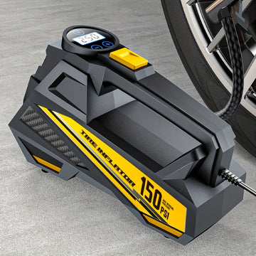 Inflador de neumáticos digital CaRSun, compresor de aire portátil con luz LED para coches, motocicletas, bicicletas - DC 12V, 150 PSI, diseño negro y amarillo, alimentación por enchufe, no requiere batería, inflador de neumáticos para bicicletas | Diseño