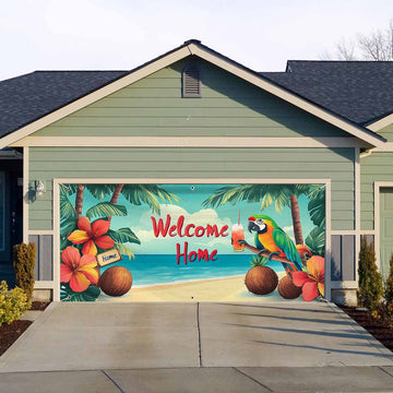 1 pieza, letrero de puerta de garaje de pavo tropical de playa, gran decoración al aire libre con letrero "Bienvenidos a casa", palmeras y diseño floral vibrante, perfecto para Navidad, fiestas de vacaciones y fondos temáticos de playa, decoración temáti