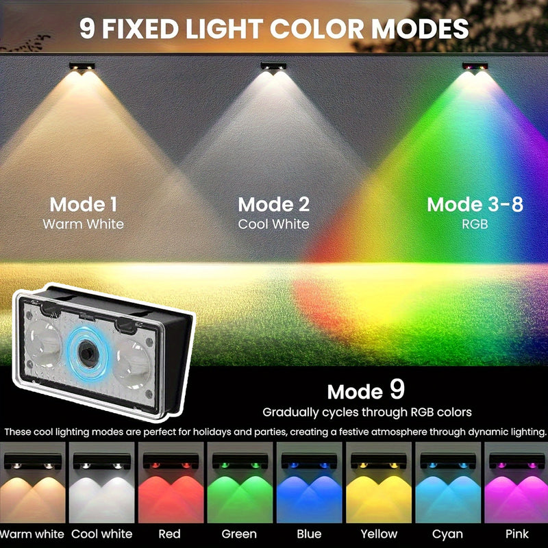 4/2 Paquetes de Luces Solares para Vallas, Luces Solares para Vallas de 8 Colores con 9 Modos de Iluminación, Luces Solares para Paredes Exteriores, Luces para Barcos con IP44, Luces Solares para Jardín con Encendido/Apagado Automático para Patio, Barand